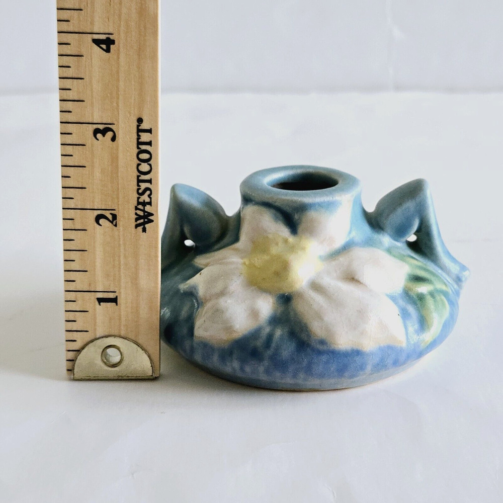 Vintage Roseville Pottery Candle Holder Clematis Blue Floral Retro USA 1940s - Picture 8 of 11